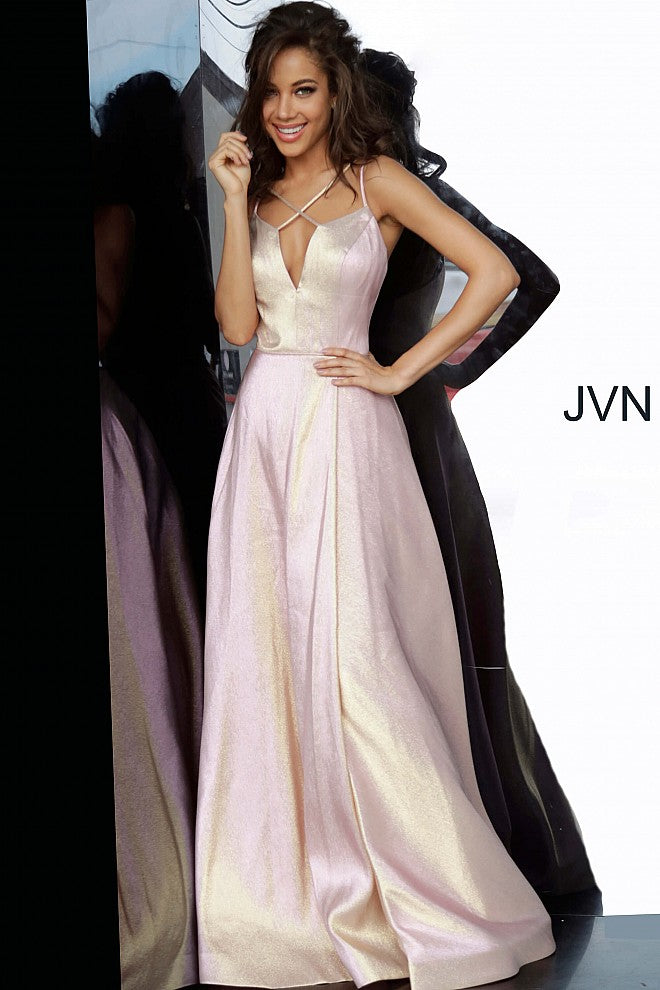 JVN by Jovani Style 3779 is a stunning shimmer A line Prom Dress. Featuring a Metallic Iridescent Shimmer Fabric. Deep V Neck with Criss Cross strap pattern. High Front slit goes all the way up to the waistline. Open Back Formal Dress. Color Changing material with light variations.