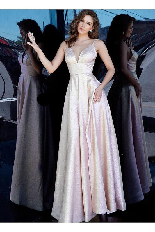 JVN3781 Blush Metallic prom dress, floor length A line skirt, empire waist sleeveless bodice, plunging neckline, embellished straps over shoulders, half back.