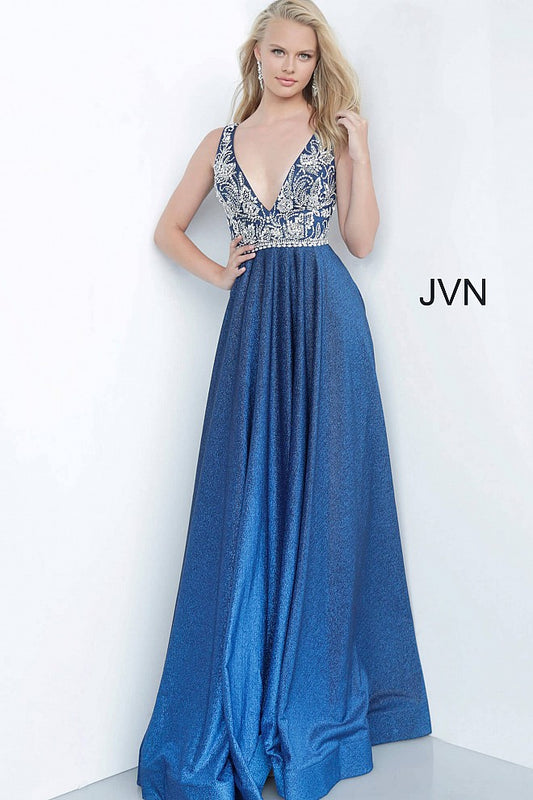 JVN by Jovani 4608 This gown is a show stopper! Iridescent Shimmer Blue Ombre Skirt with an Embellished Bodice & Waistband. Plunging Deep V Neckline. Open V Back.