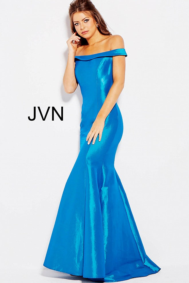 Jovani JVN51863 Size 10 Teal off the shoulder mermaid prom dress Pageant Gown