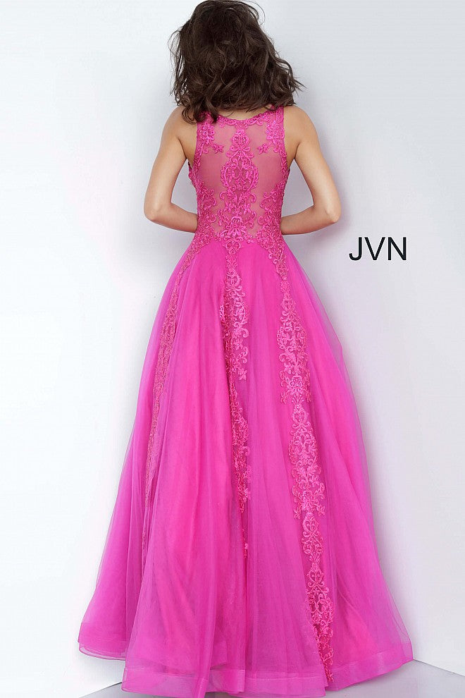 JVN59046 Fuchsia embellished lace applique prom dress with sheer high neckline sheer lace back and lace applique that stream down the length of the long prom dress evening gown 