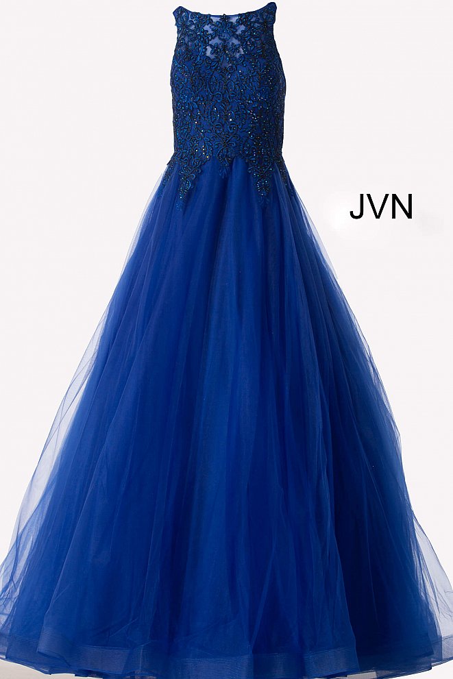 JVN59046 Royal lace applique long prom dress ball gown evening gown with sheer lace back with zipper and sheer lace neckline 