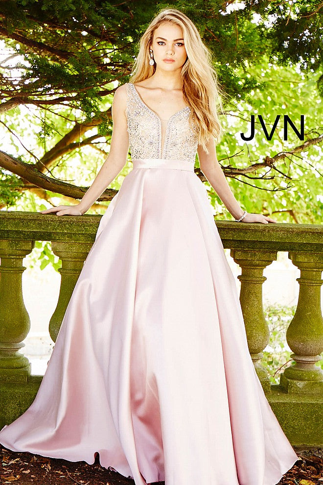 JVN60696 Blush embellished plunging neckline mikado a line prom dress ball gown evening gown pageant dress 