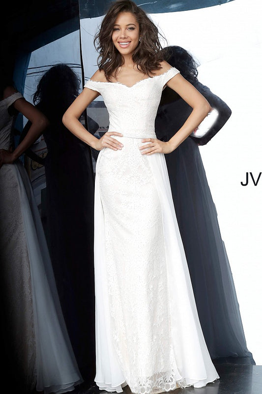 JVN62489 Ivory and Nude  lace prom dress with an off-the-shoulder fitted bodice, sweetheart neckline and half open back, floor-length fitted skirt with a pleated sheer ivory over-skirt.