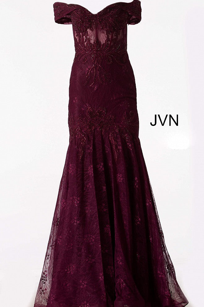 JVN66981 Bordeaux embroidered and embellished prom dress with an off-the-shoulder sheer corset bodice, sweetheart neckline and sheer back, floor-length fitted skirt with a pleated end and sweeping train.