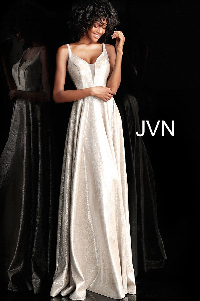 Jovani JVN67050 size 8 Peacock Long A Line Shimmer prom dress V Neck