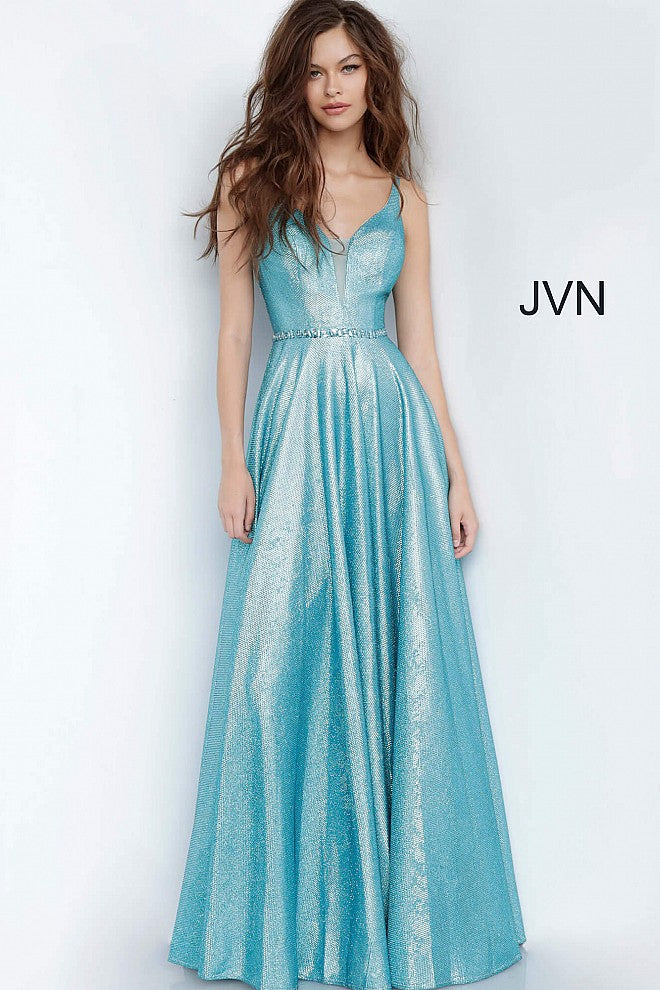 JVN67050 peacock metallic prom dress with a plunging mesh insert neckline, sleeveless fitted bodice, and v-back, embellished waist belt and floor-length pleated flowy skirt. 