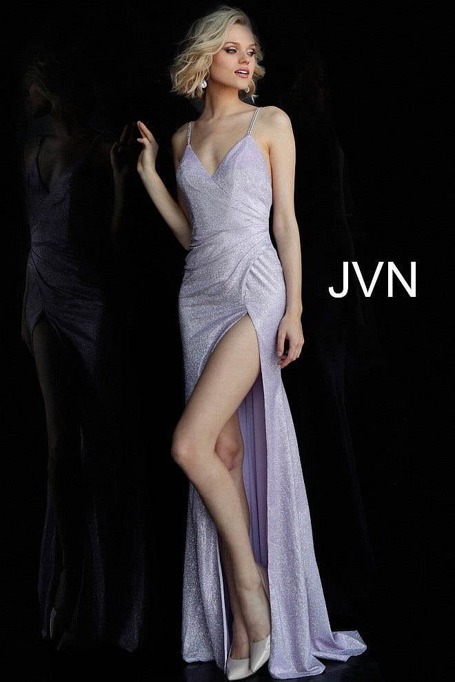 JVN67102 Silver metallic iridescent shimmer prom dress evening gown with ruched waistline