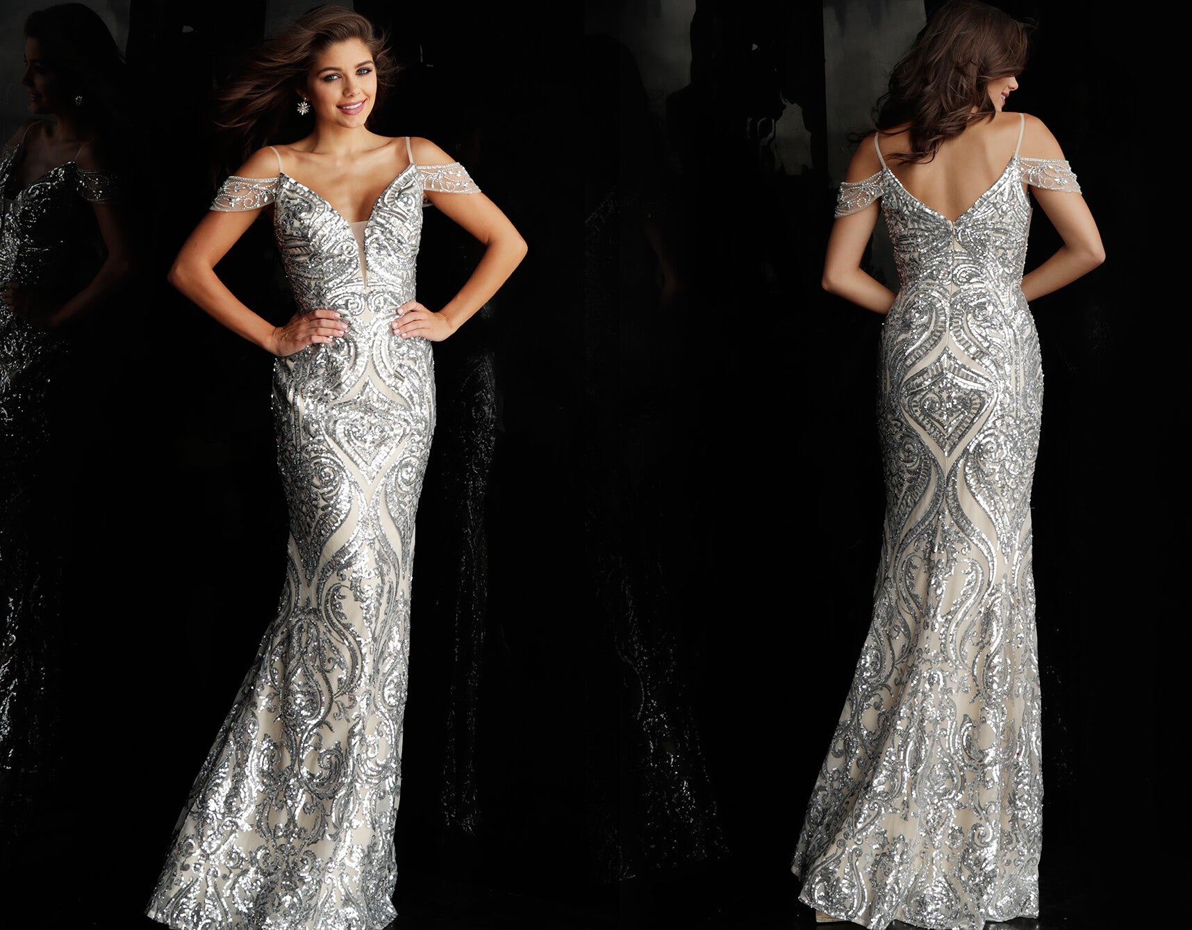 JVN67256 romantic off the shoulder embellished prom dress evening gown informal wedding dress silver nude pageant gown 