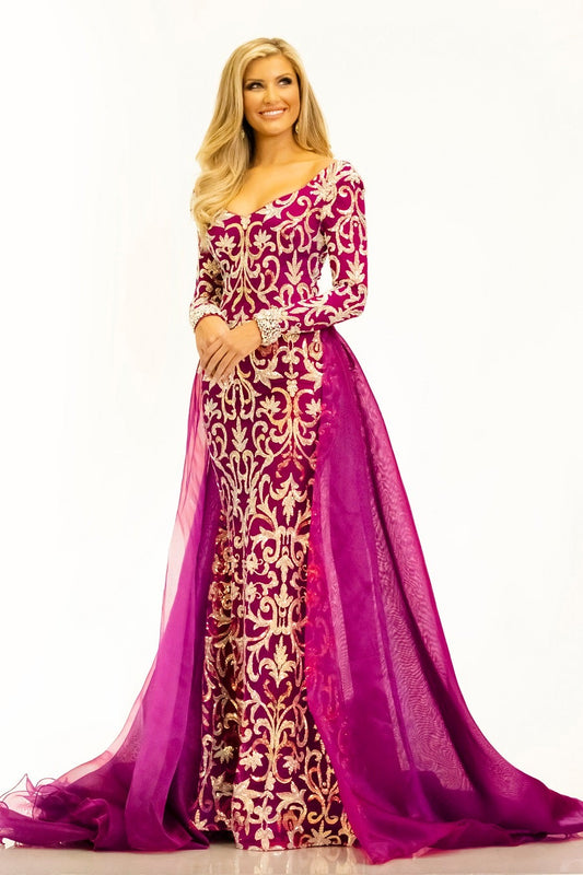 Johnathan-Kayne-2334-magenta-pageant-dress-front-long-sleeves-embellished-overskirt