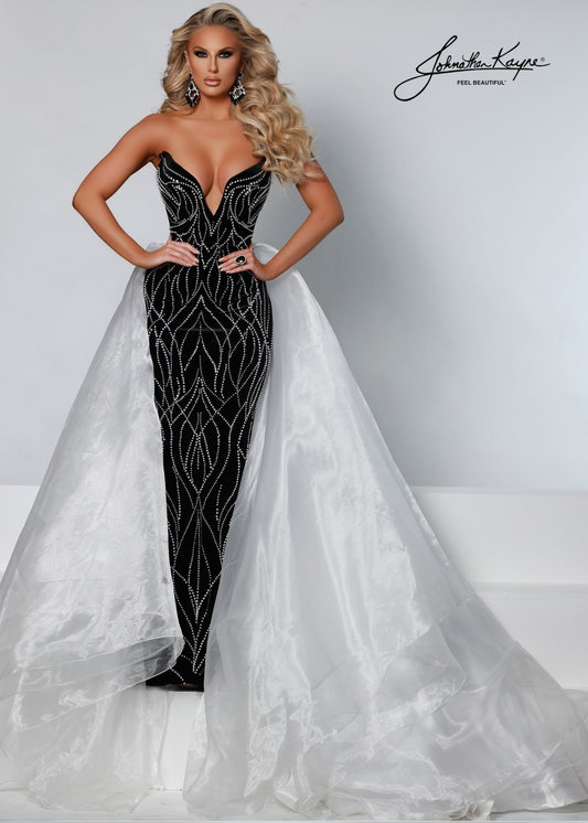 Johnathan-Kayne-2555-Emerald-Pageant-Gown-strapless-plunging-neckline-embellished-velvet-fitted-evening-dress-with-full-organza-overskirt-front