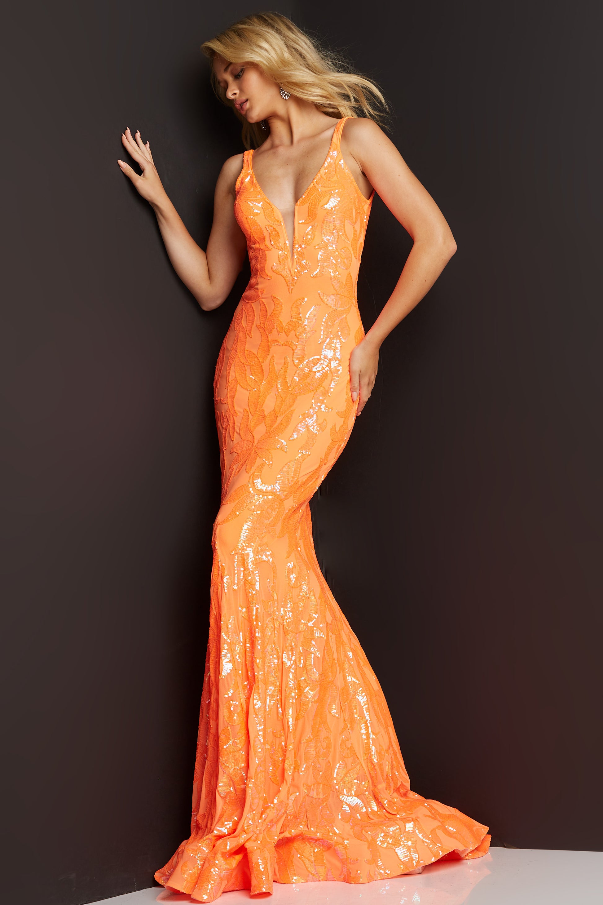 Jovani-3263-Orange-prom-dress-front-2-v-neckline-sequins-long-v-backJovani 3263 is a long Fitted Mermaid Prom Dress with a damask print sequin embellished pattern. Plunging V Neckline and open V Back. Lush Trumpet Skirt is great for the stage in this formal evening gown & Pageant Dress. wedding dress  Available Sizes: 00-24  Available Colors: BLACK/GUNMETAL, BLACK/ROSE, GREEN/MULTI, HOT PINK, LIGHT BLUE, LIGHT PINK, NEON GREEN, ORANGE, YELLOW