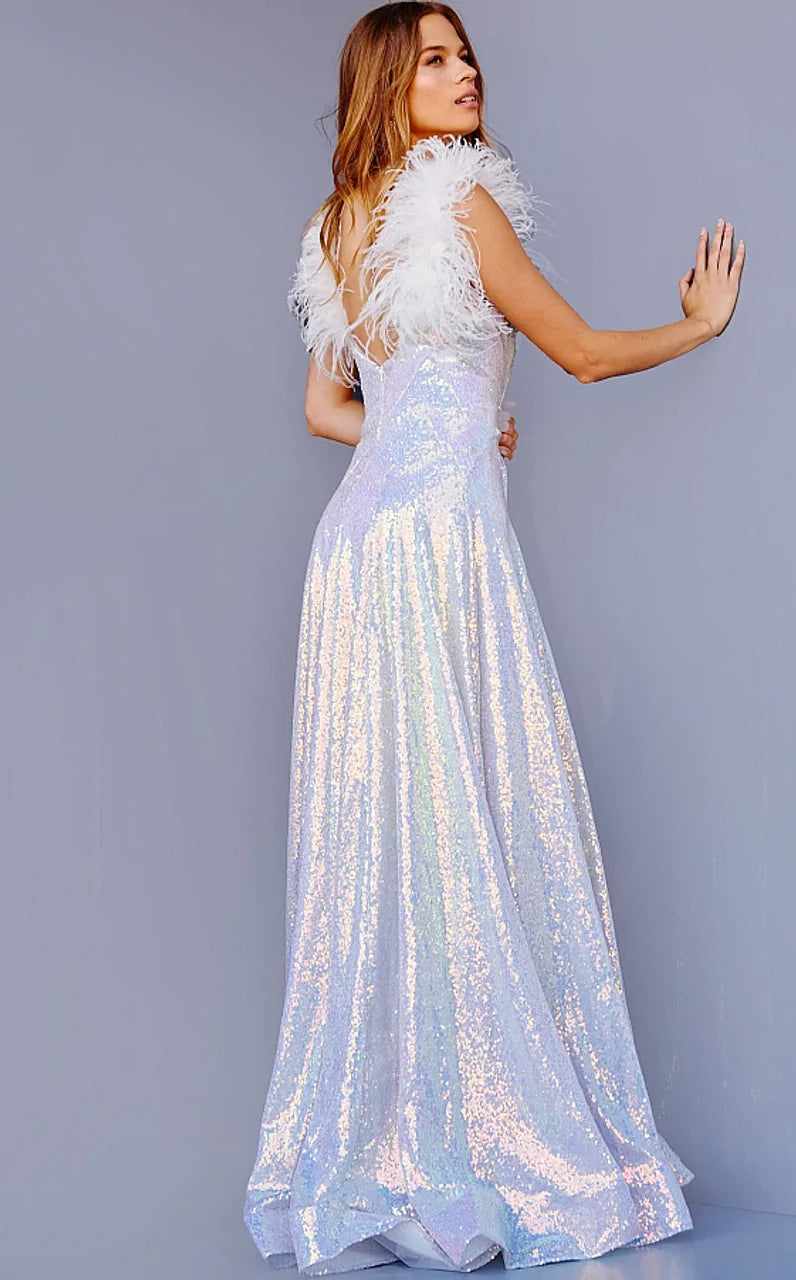 Jovani JVN24164 Iridescent Prom Dress Feather Straps V Back A Line SequinsJovani JVN24164 Iridescent Prom Dress Feather Straps and Feather Trimmed V Back A Line Sequins Horsehair Trim  Available sizes: 00-24  Available colors: Iridescent/White, Iridescent/Blue