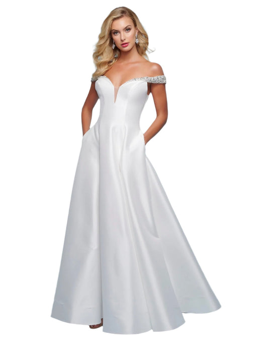 Splash Prom K524 This is an off the shoulder satin A line prom dress with embellished straps.  This long evening pageant gown is made of smooth satin and has an open lace up corset in the back.   Colors White  Sizes  6