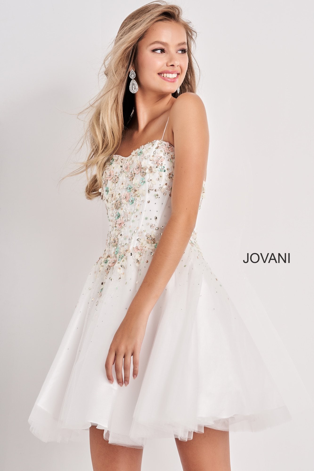 Jovani Kids K62532 Embellished Sweetheart Neckline Girls Party Dress.  Sweetheart neckline short girls Fit & Flare Cocktail Party Dress, Embellished Floral Applique & Beading along corset style bodice with boning. spaghetti straps. Flared tulle skirt.  Available Girls Sizes: 8, 10, 12, 14  Available Colors: White, Ice Blue