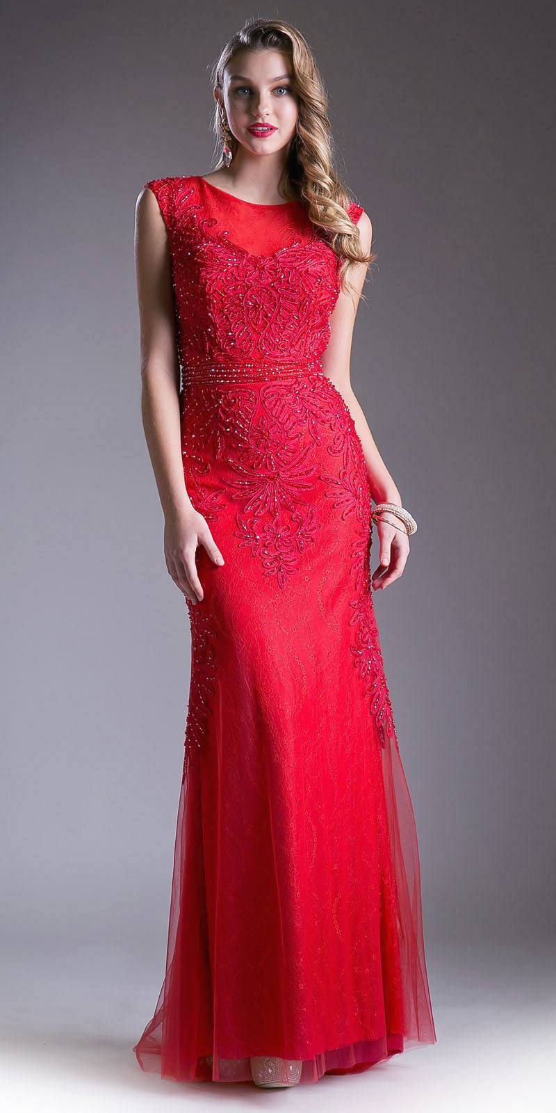 Ladivine KC1736 Size 4 Long Fitted High Neck Beaded Lace Formal Dress High neck Evening Gown