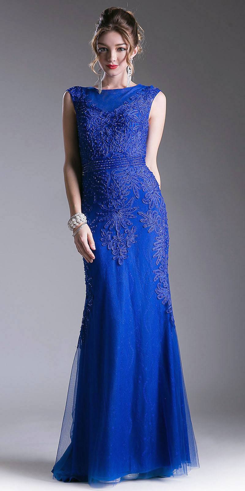 Ladivine KC1736 Size 4 Long Fitted High Neck Beaded Lace Formal Dress High neck Evening Gown