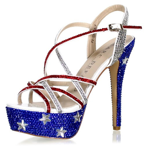 Marc Defang Marc Tops USA Red White & Blue Crystal Pageant Heels Shoes  DESCRIPTION Featured crystal color:  USA Flag Heel Height: 5.5" heels and 1.75" Platforms Comfort Strappy Sandals 100% custom handmade product, industry's highest quality standard. Our sizes are true to size based on US standard Regular Fit.   Available Sizes: 5.5, 6, 6.5, 7, 7.5, 8, 8.5, 9, 9.5, 10, 11 (Average 30 days before Arrival - custom made)