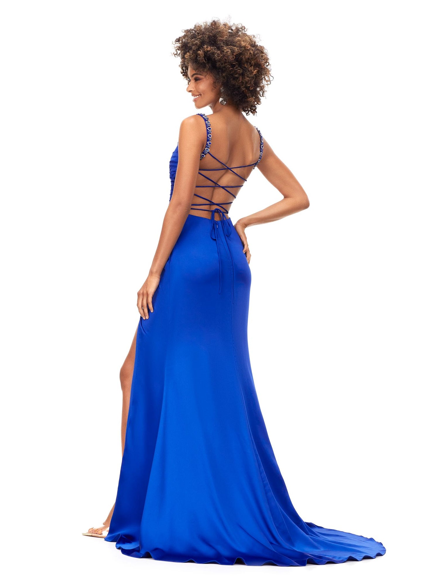 Ashley Lauren 11298 Ruched Satin Gown with Lace Up Back