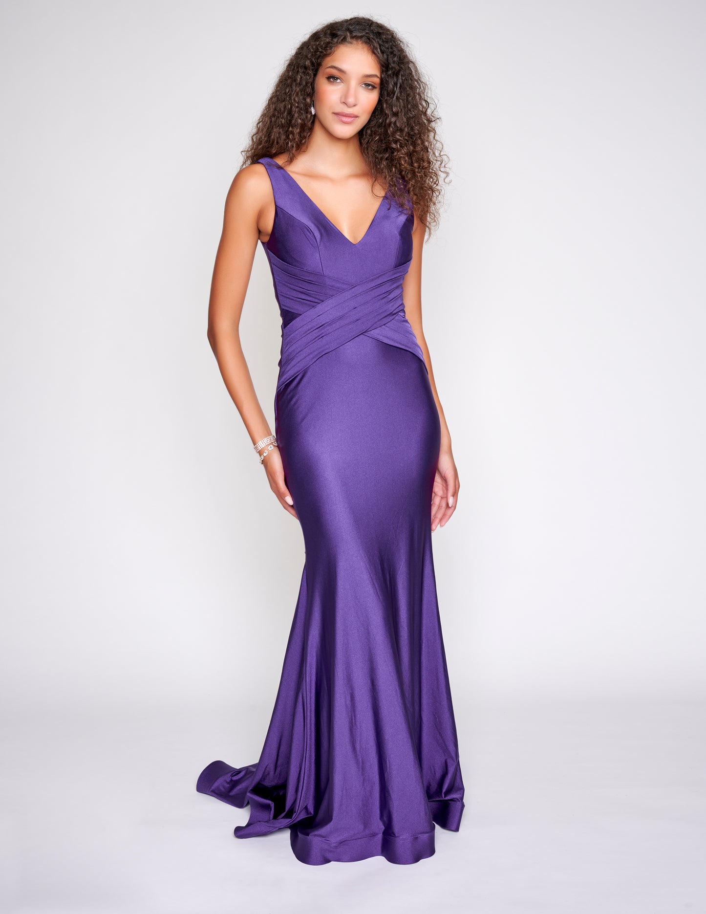 Nina Canacci 7503 Ruched Waistline Long Evening Gown in a criss cross fashion with wide straps and a v neckline