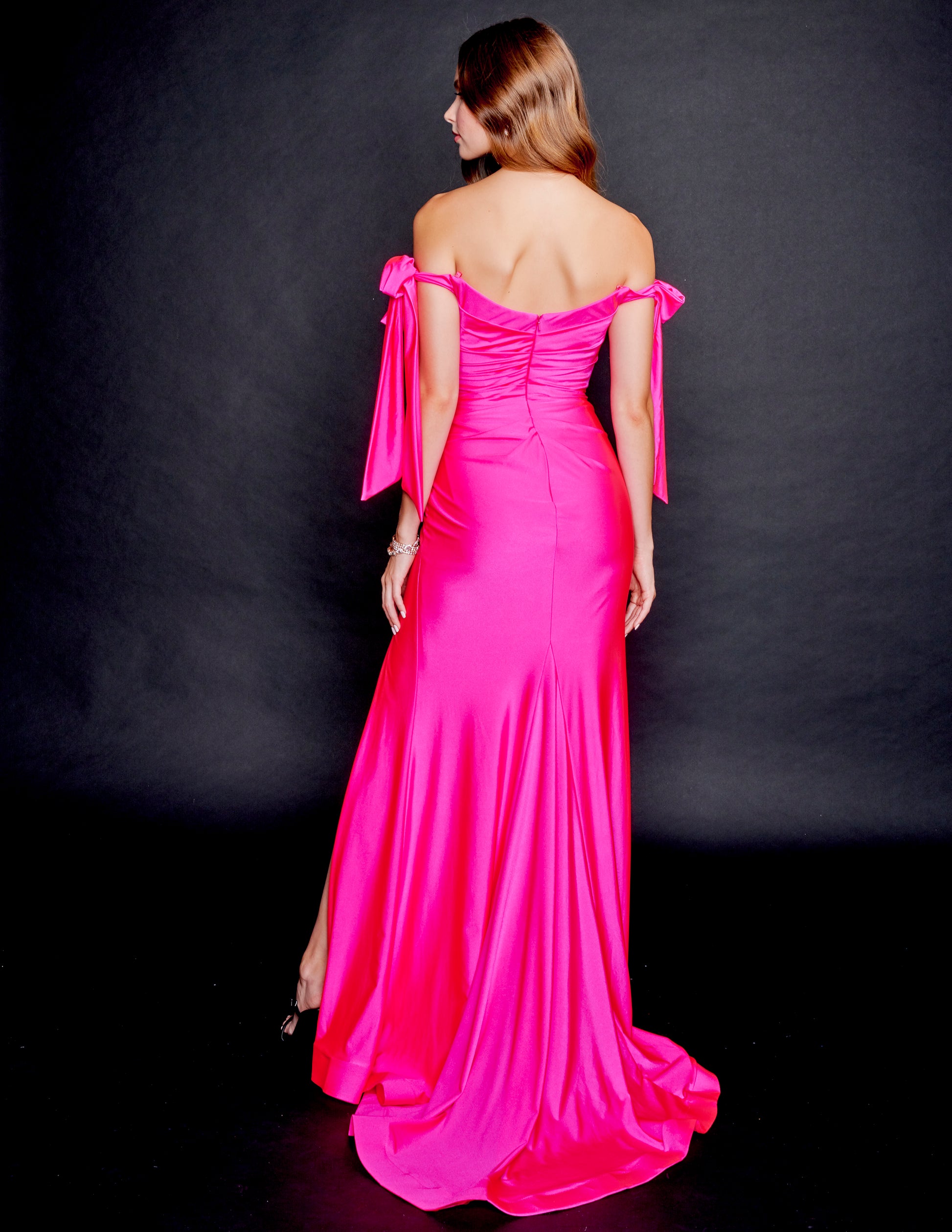 Nina Canacci 7504 Off the Shoulder Tie Straps Long Prom, Pageant and Evening Dress with sweetheart neckline and a slit