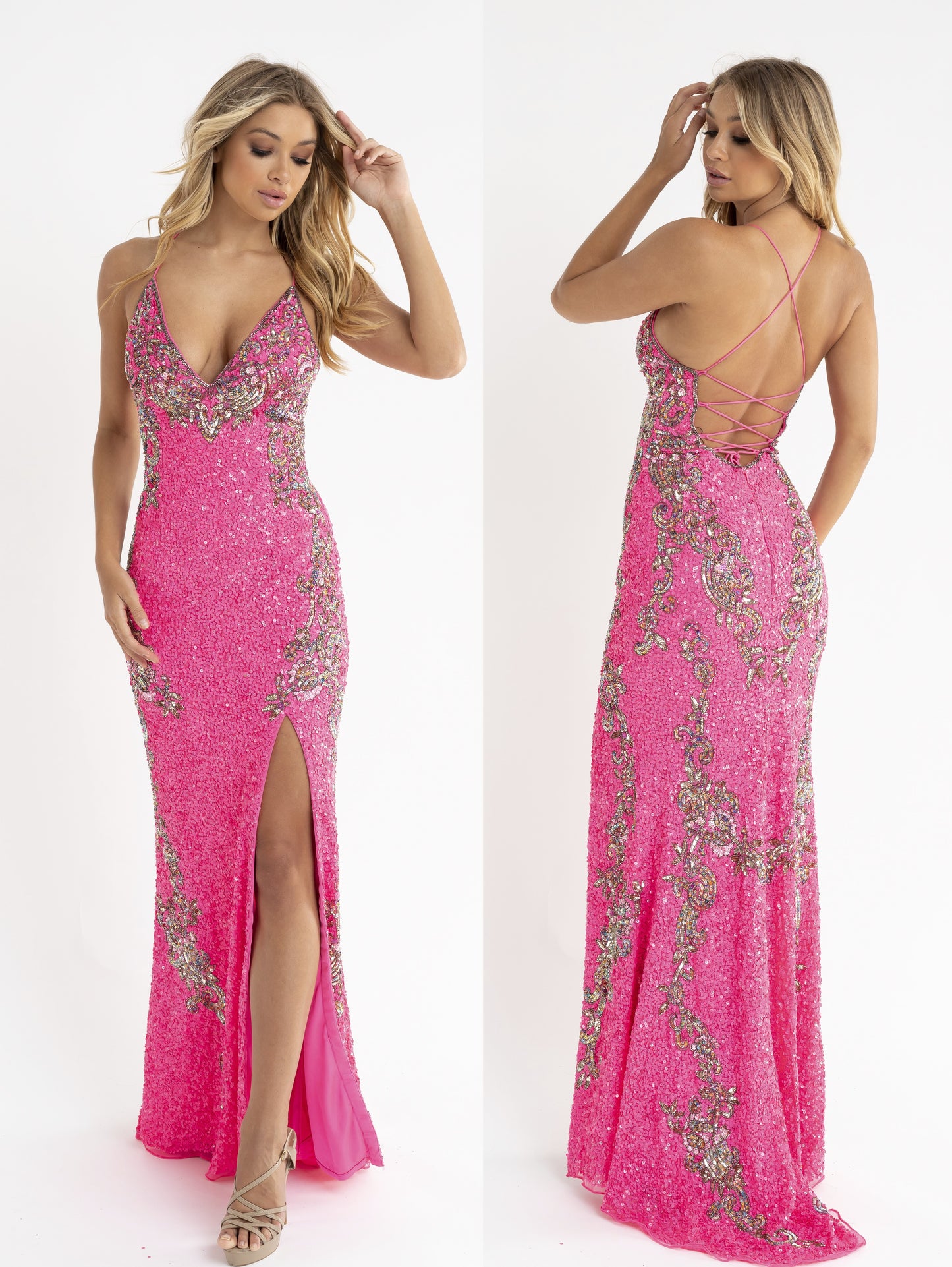 PRIMAVERA-COUTURE-3211-NEON-PINK-PROM-DRESS-FRONT-V-NECKLINE-FLORAL-BEADED-DETAILS-LONG-EMBELLISHED-SLIT-CRISSCROSS-TIE-CORSET-BACK