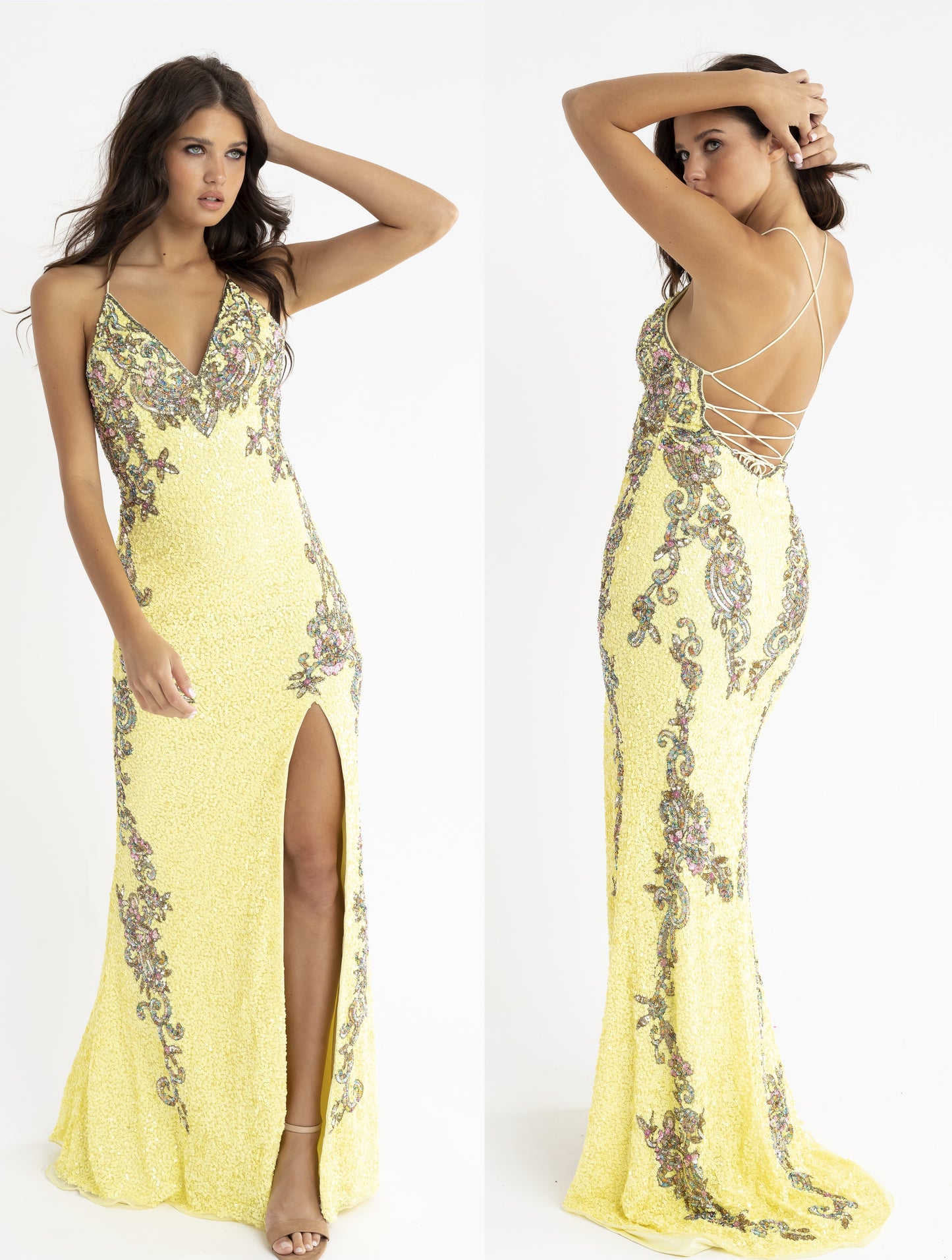 PRIMAVERA-COUTURE-3211-YELLOW-PROM-DRESS-FRONT-V-NECKLINE-FLORAL-BEADED-DETAILS-LONG-EMBELLISHED-SLIT-CRISSCROSS-TIE-CORSET-BACK