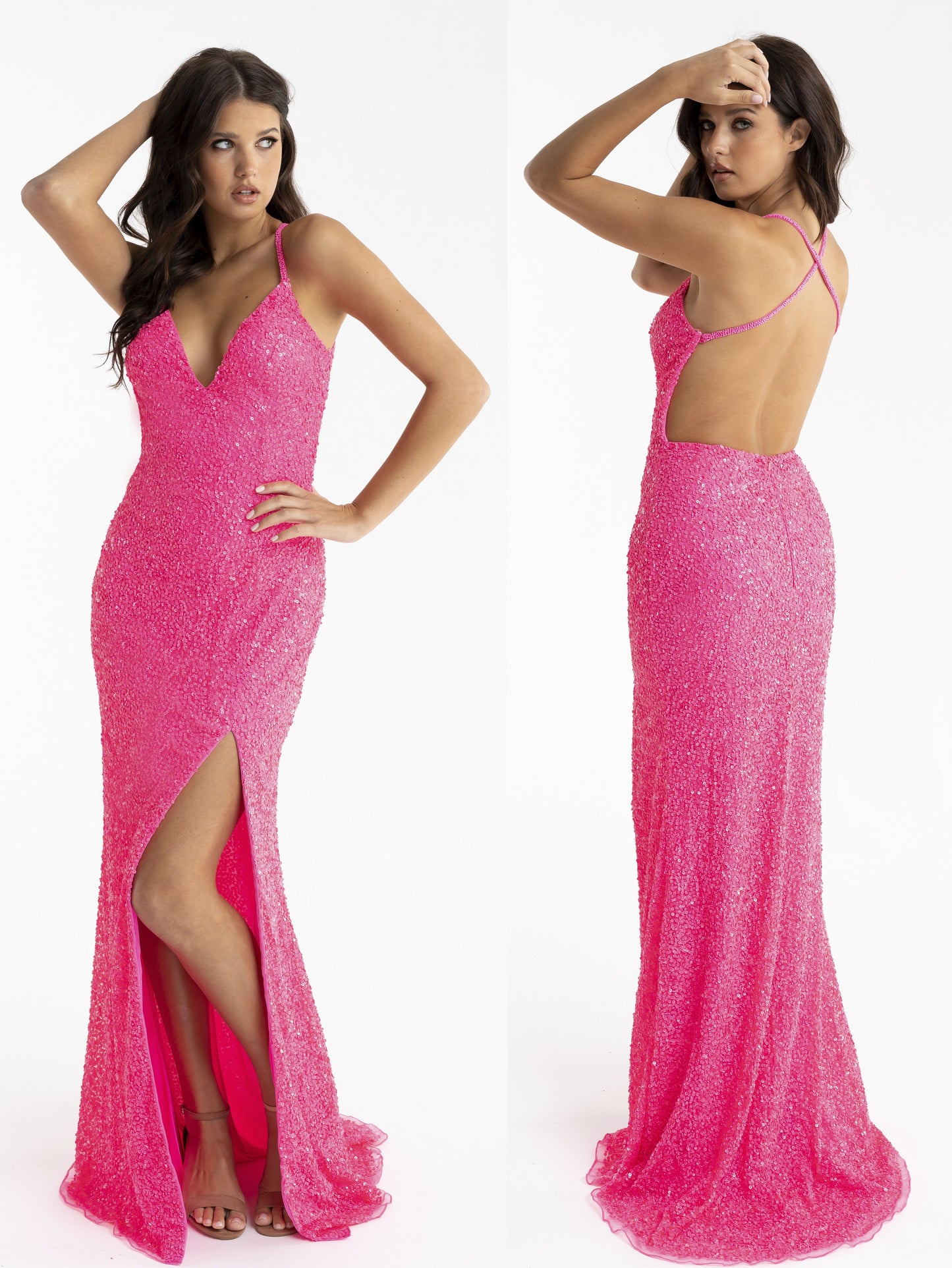 PRIMAVERA-COUTURE-3291-NEON-PINK-PROM-DRESS-FRONT-LONG-SEQUINS-V-NECKLINE-CRISSCROSS-BACK-STRAPS-SLIT