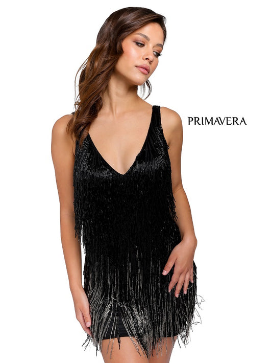 Primavera-Couture-3803-Black-Fringe-Cocktail-Dress-short-v-neckline-front