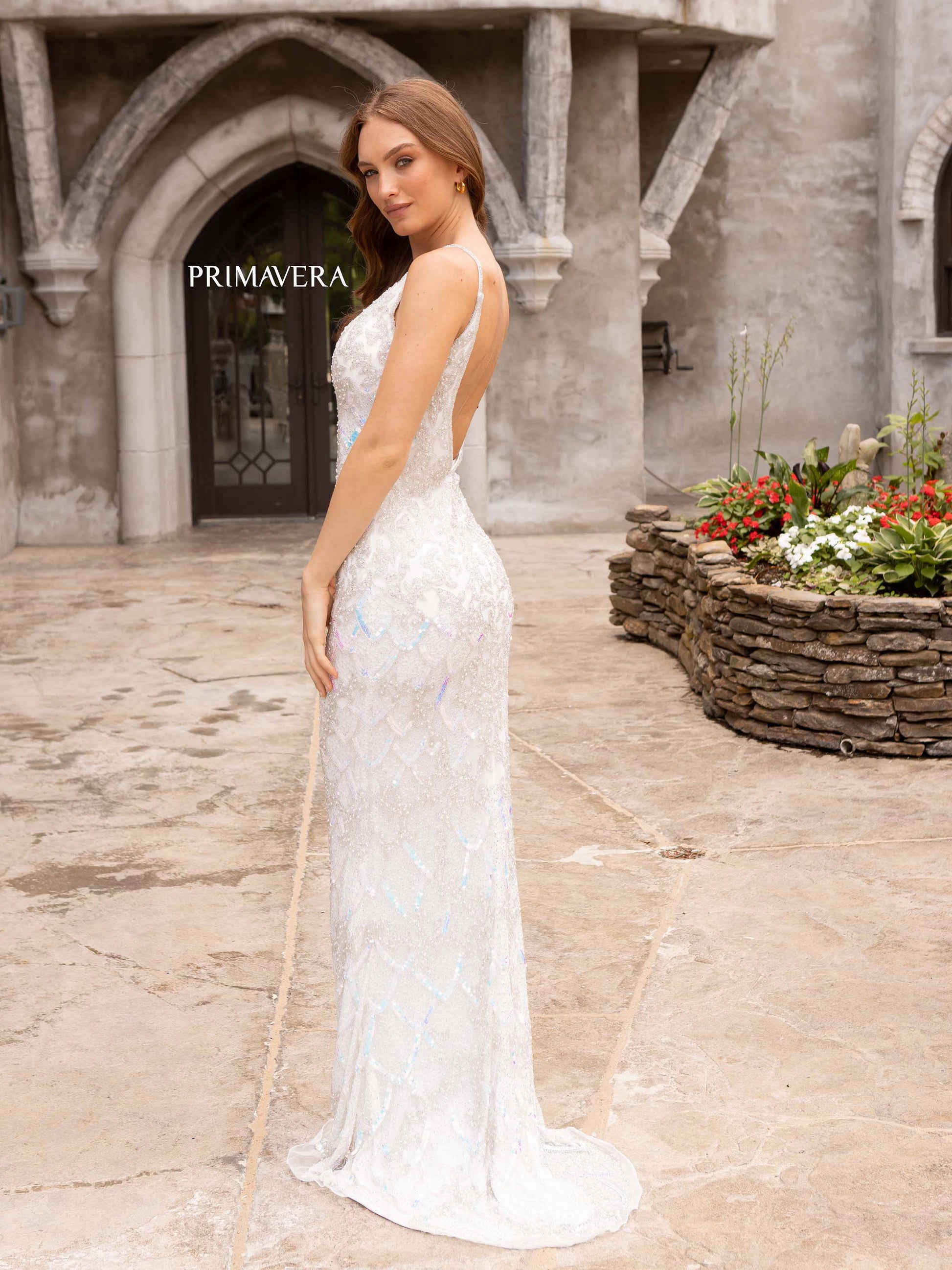 Primavera Couture 3903 Iridescent Ivory Sequined Prom Dress V Neckline wide shoulder straps fitted long evening gown.