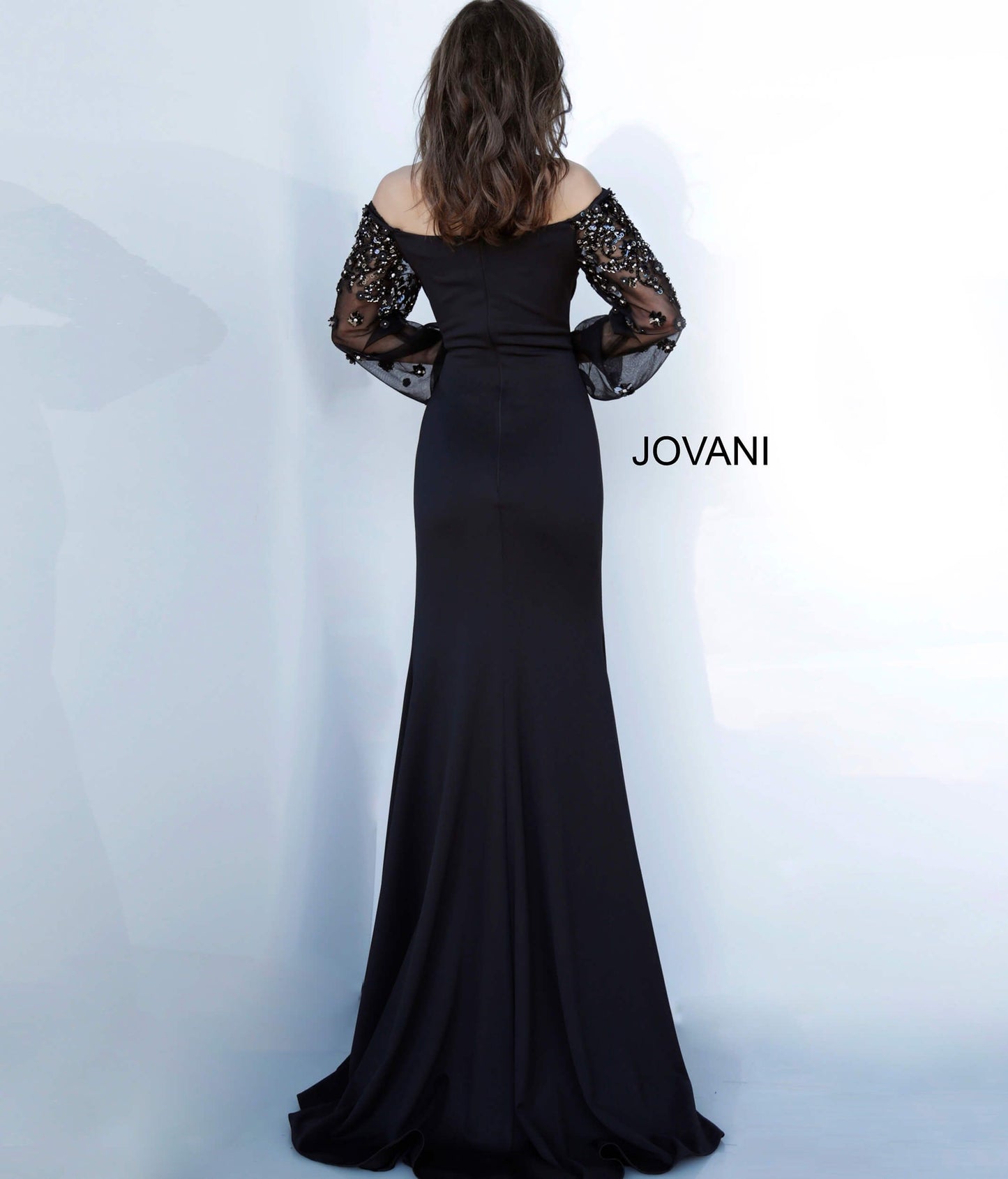 Jovani 1156 off the shoulder long embellished sleeves ruched waistline evening gown  Available colors:  Black  Available sizes:  00-24 