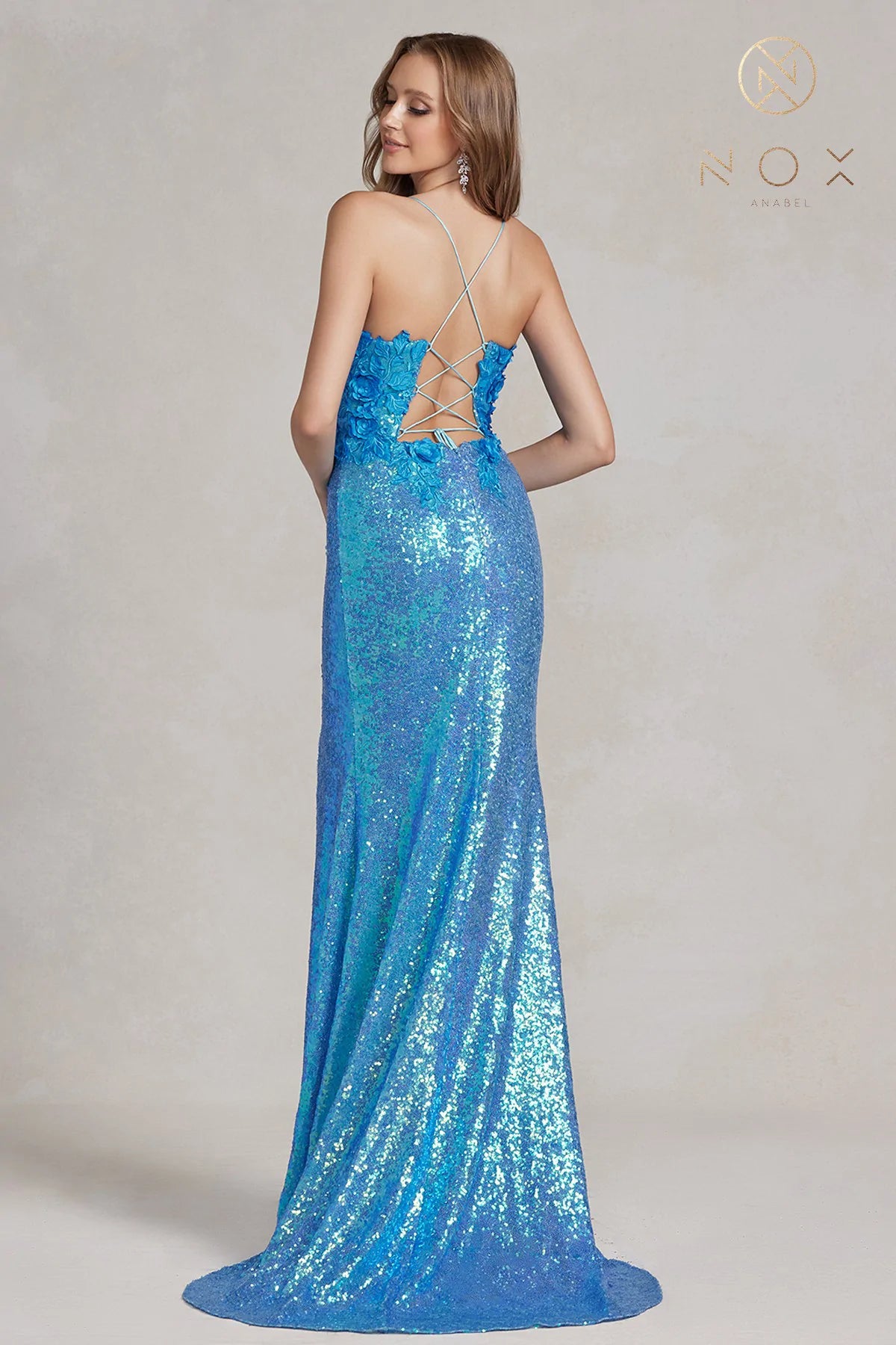 Nox Anabel R1207 Long Iridescent Floral Lace Sequin Prom Dress Slit Backless Corset Gown  Sizes: 00-16  Colors: Black, Emerald, Light Purple, Turquoise