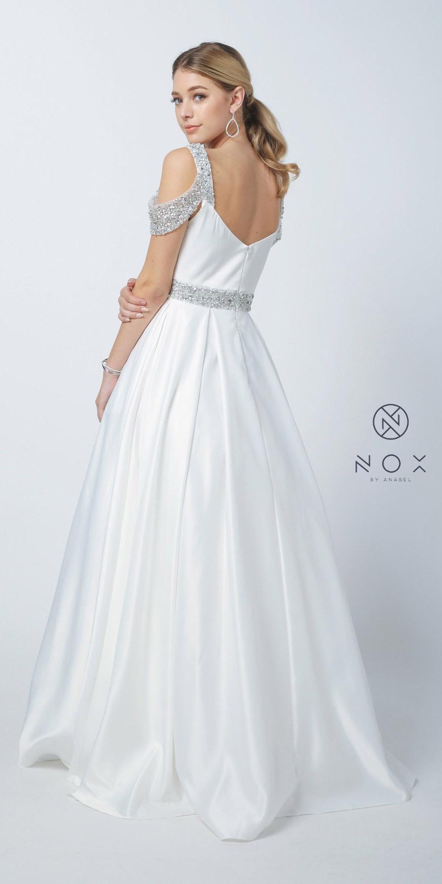 Nox Anabel R224W Long Satin A Line Ballgown Pockets Off the shoulder Dress Pageant prom Bridal Gown sweetheart neckline with beaded embellished cold shoulders strap and waistband. The open back has a zipper closure while the skirt reveals a pleated detail and flows into a full length A-line silhouette 