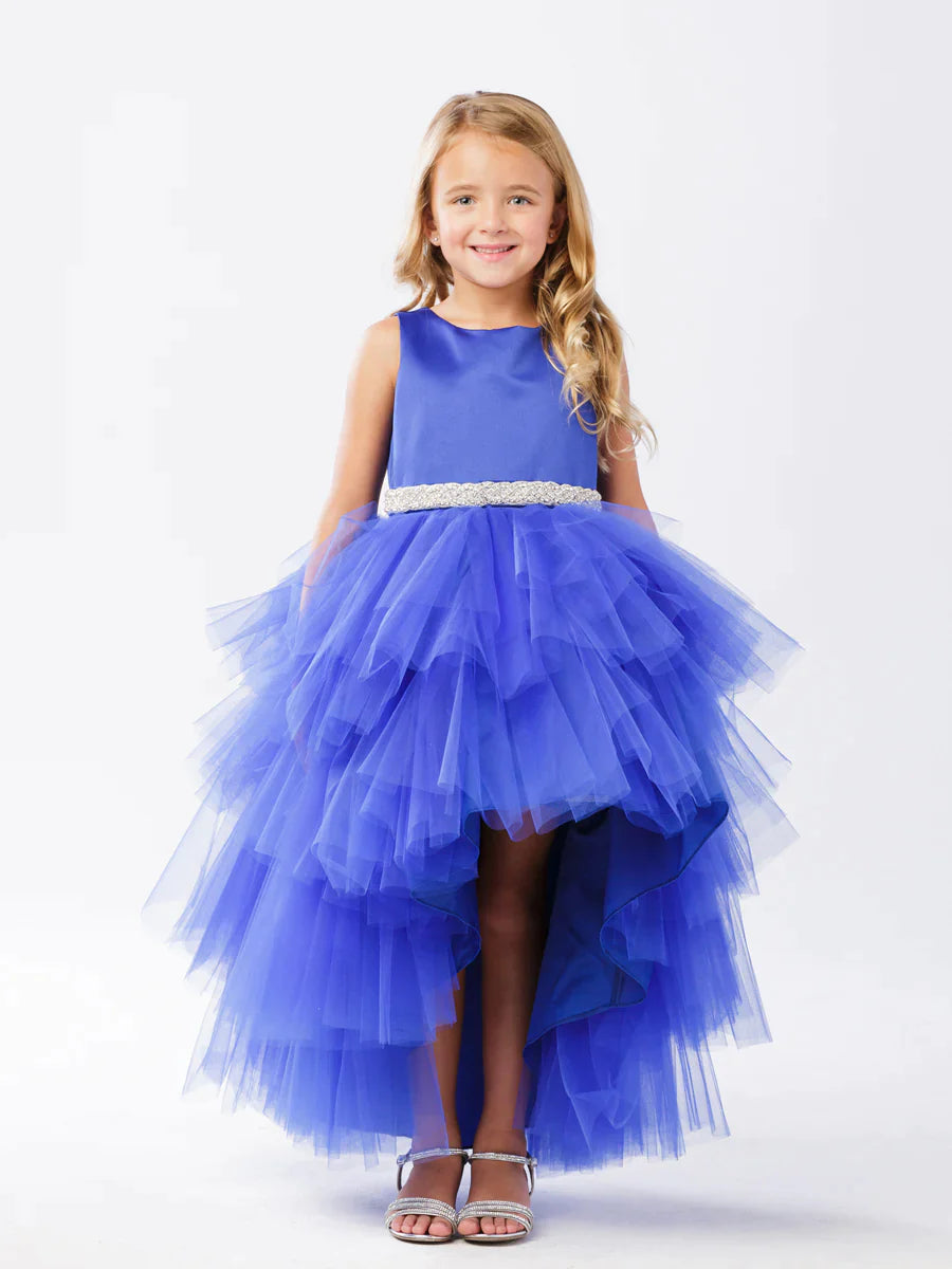 This Tip Top 5658 Girls Layered Tulle High Low Skirt Formal Dress is a perfect choice for that special day. The tulle high-low skirt, satin formal gown, and flower girl satin sash come together to create a beautiful, unique look perfect for flower girls, junior bridesmaids or formal occasions.  Sizes: 6M-16  Colors: Black, Blush, Burgundy, Eggplant, Ivory, Red, Royal Blue, White, Champagne, Lilac, Sky Blue