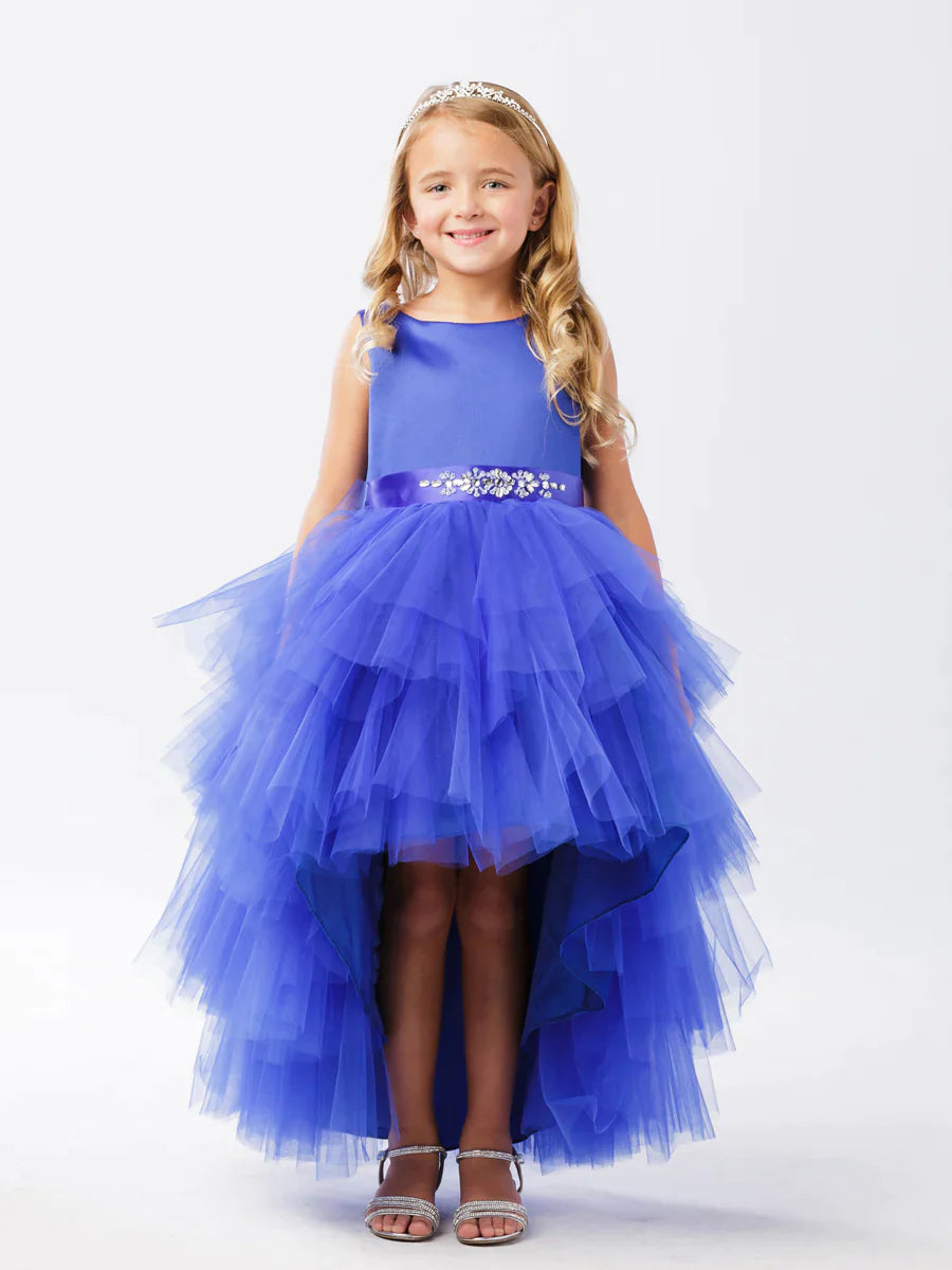 This Tip Top 5658 Girls Layered Tulle High Low Skirt Formal Dress is a perfect choice for that special day. The tulle high-low skirt, satin formal gown, and flower girl satin sash come together to create a beautiful, unique look perfect for flower girls, junior bridesmaids or formal occasions.  Sizes: 6M-16  Colors: Black, Blush, Burgundy, Eggplant, Ivory, Red, Royal Blue, White, Champagne, Lilac, Sky Blue