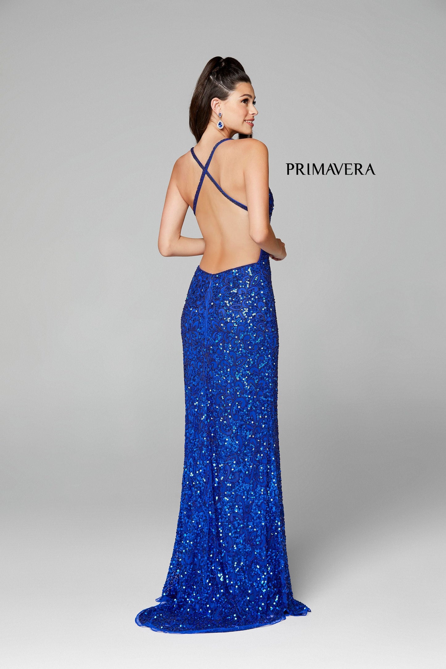 Primavera Couture 3295 Size 0, 4 Ivory Prom Dress V Neckline Sequins Backless Slit Formal Evening Gown