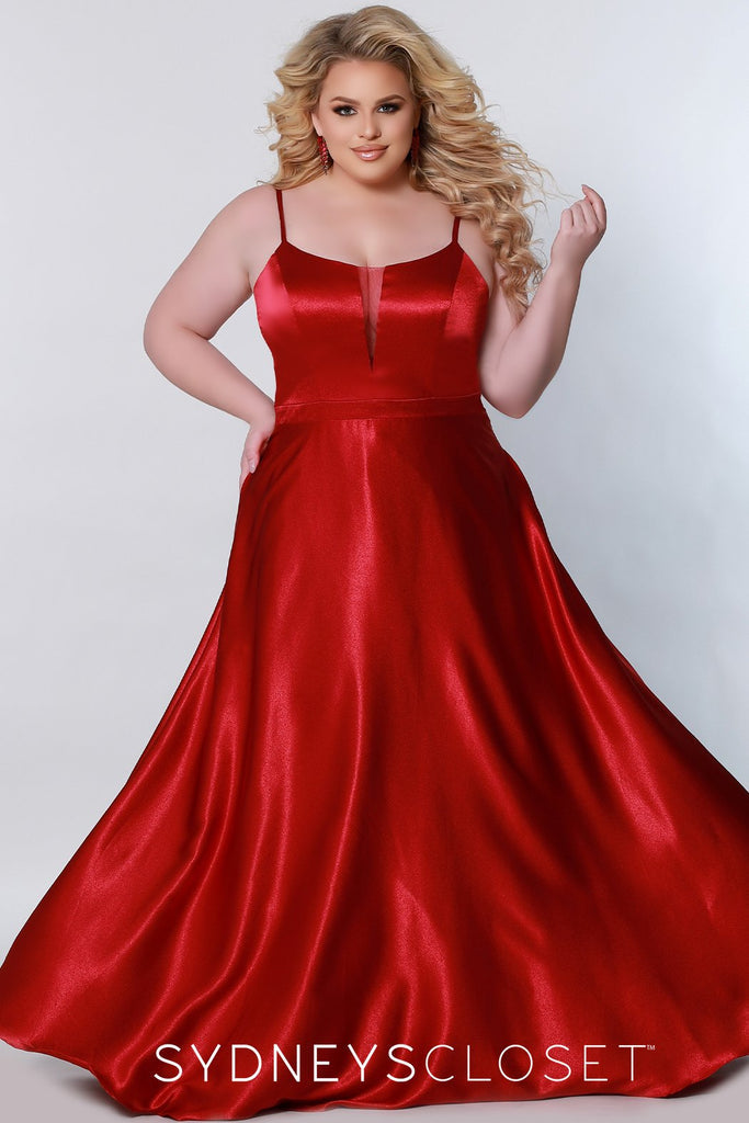 Sydneys Closet SC7338 Long A Line Plus Size Formal Prom Dress V Neck Gown Colors: Canary, Cardinal, Parakeet Size Availability: 14-32 Slim A-line Scoop neckline Matching mesh insert (7.5 inches long) 1 inch waistband Pockets ¼ inch straps, adjustable Shiny satin Fully lined