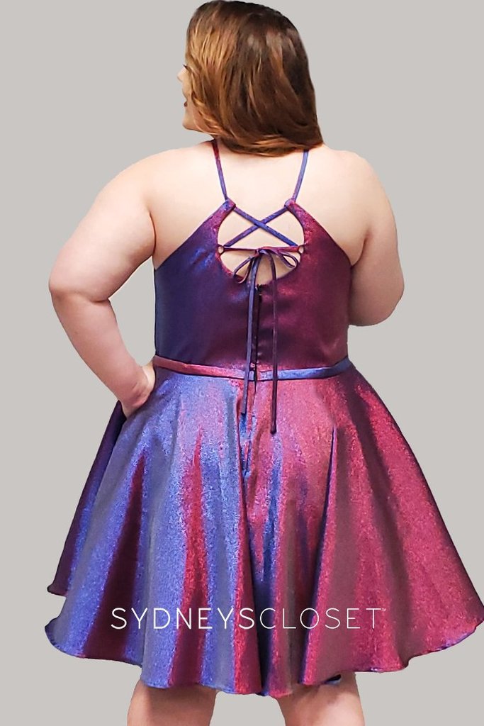 Sydney's Closet 8103 Short Metallic Shimmer Fit & Flare Plus size Cocktail Homecoming Dress. Features Pockets & a Fabulous Color Shifting Mikado! Great for a short prom dress & almost any formal occasion!