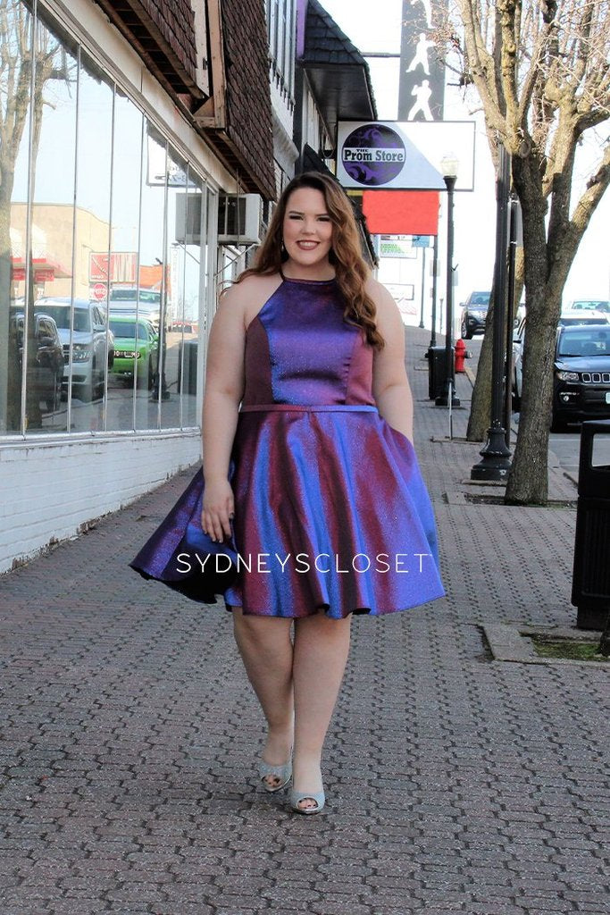 Sydney's Closet 8103 Short Metallic Shimmer Fit & Flare Plus size Cocktail Homecoming Dress. Features Pockets & a Fabulous Color Shifting Mikado! Great for a short prom dress & almost any formal occasion!