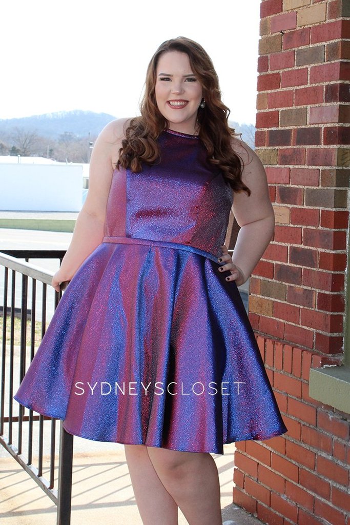 Sydney's Closet 8103 Short Metallic Shimmer Fit & Flare Plus size Cocktail Homecoming Dress. Features Pockets & a Fabulous Color Shifting Mikado! Great for a short prom dress & almost any formal occasion!