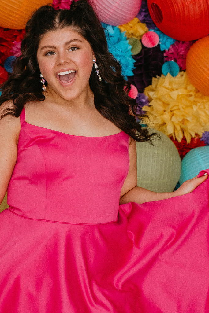 Sydneys Closet SC8115 Size 16, 24 Fuchsia Plus Size Satin A Line Formal Cocktail Dress Homecoming Pockets