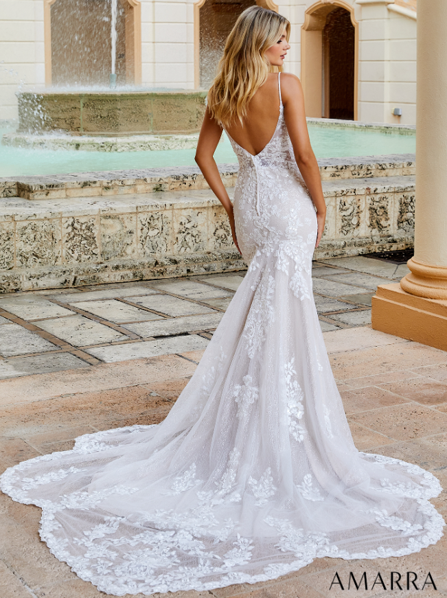 Amarra ELIZABETH 84377 Sequin Lace Fitted Wedding Dress Cape Sleeve Bridal off the shoulder Live out the wedding of your dreams in this classic, elegant gown. Adorned in intricate floral lace appliques, this wedding dress is bound to have you looking and feeling beautiful on your special day.