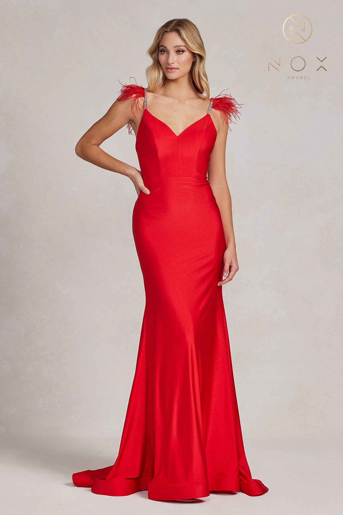 Nox Anabel T1138 Long Fitted Jersey Feather Prom Dress Ruched V Neck Formal Gown  Sizes: 00-16  Colors: Black, Neon Orange, Red