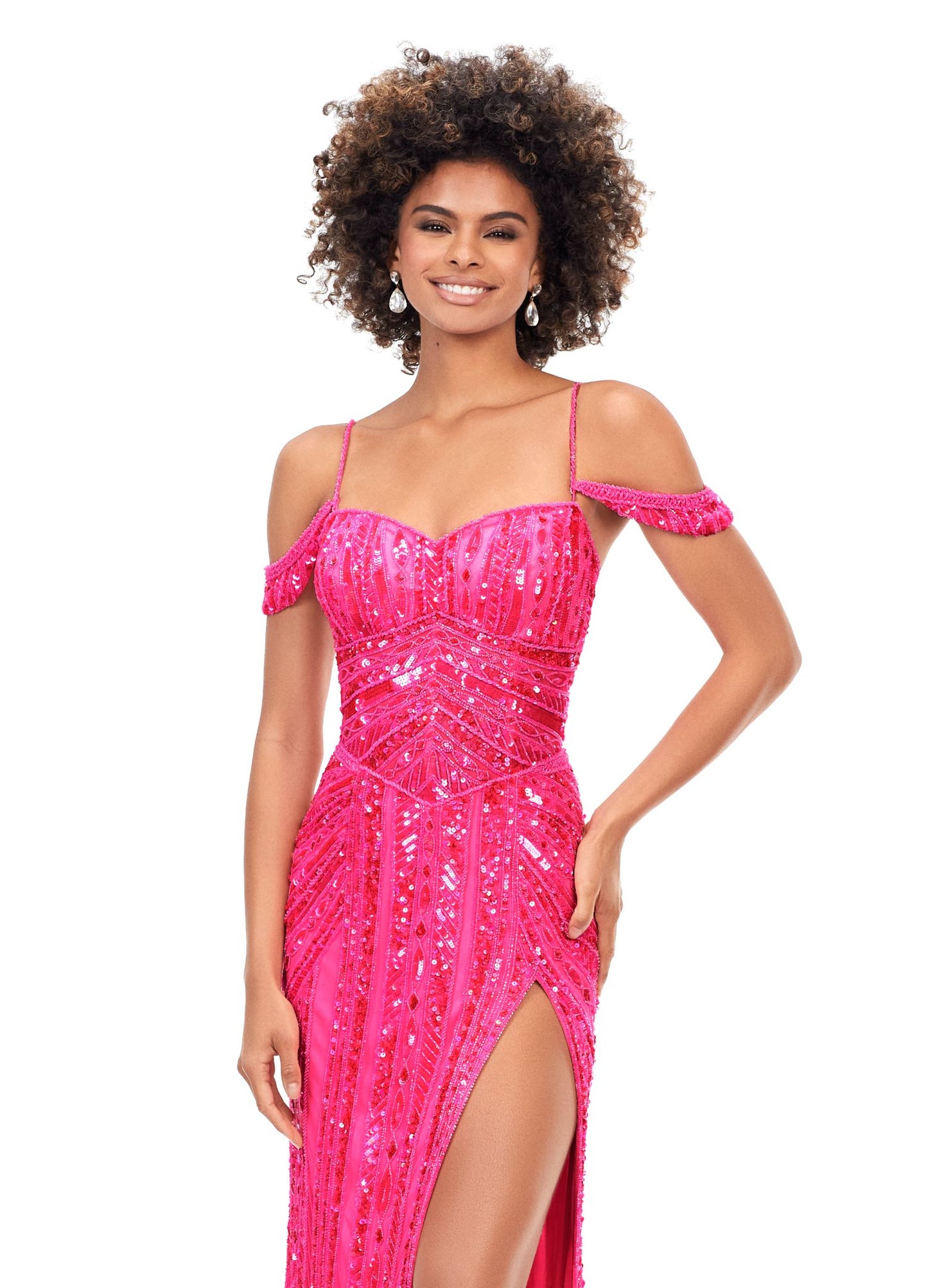 Ashley Lauren 11257  Off the Shoulder Beaded Prom Dress Slit Spaghetti Straps