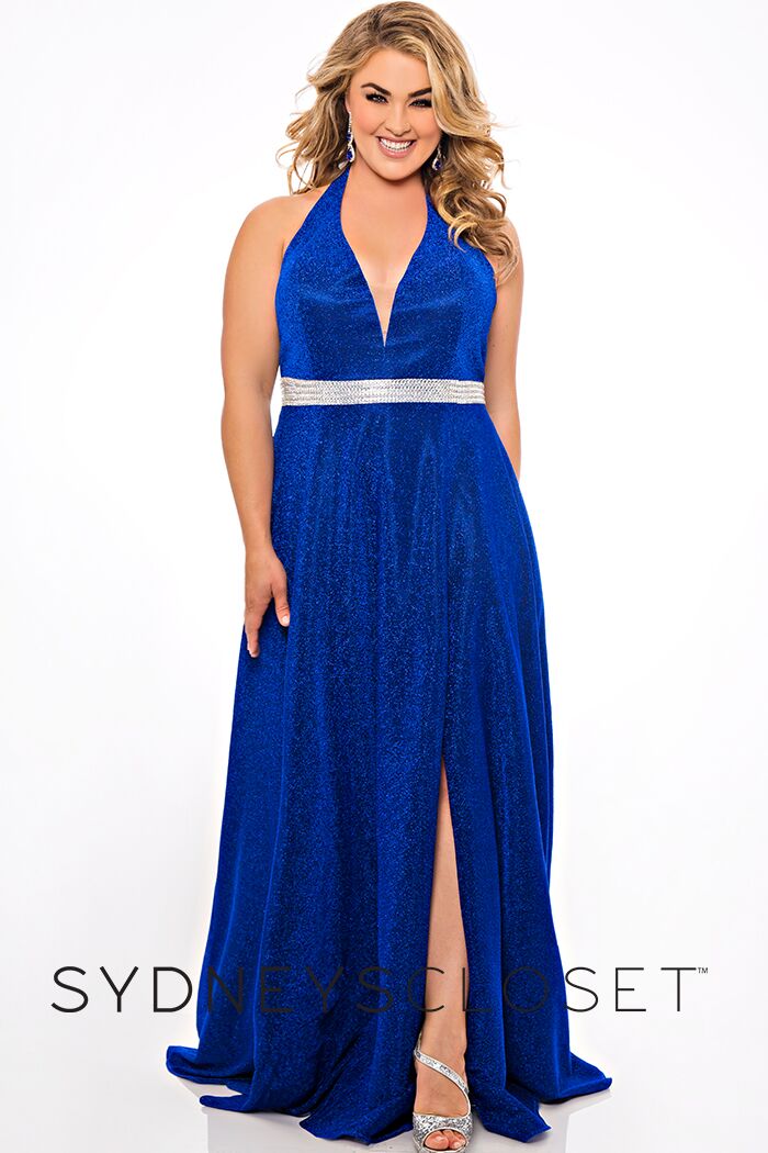 Sydneys Closet SC7289 Plunging V neckline with mesh panel embellished belt long a line shimmer prom dress plus sized formal evening gown