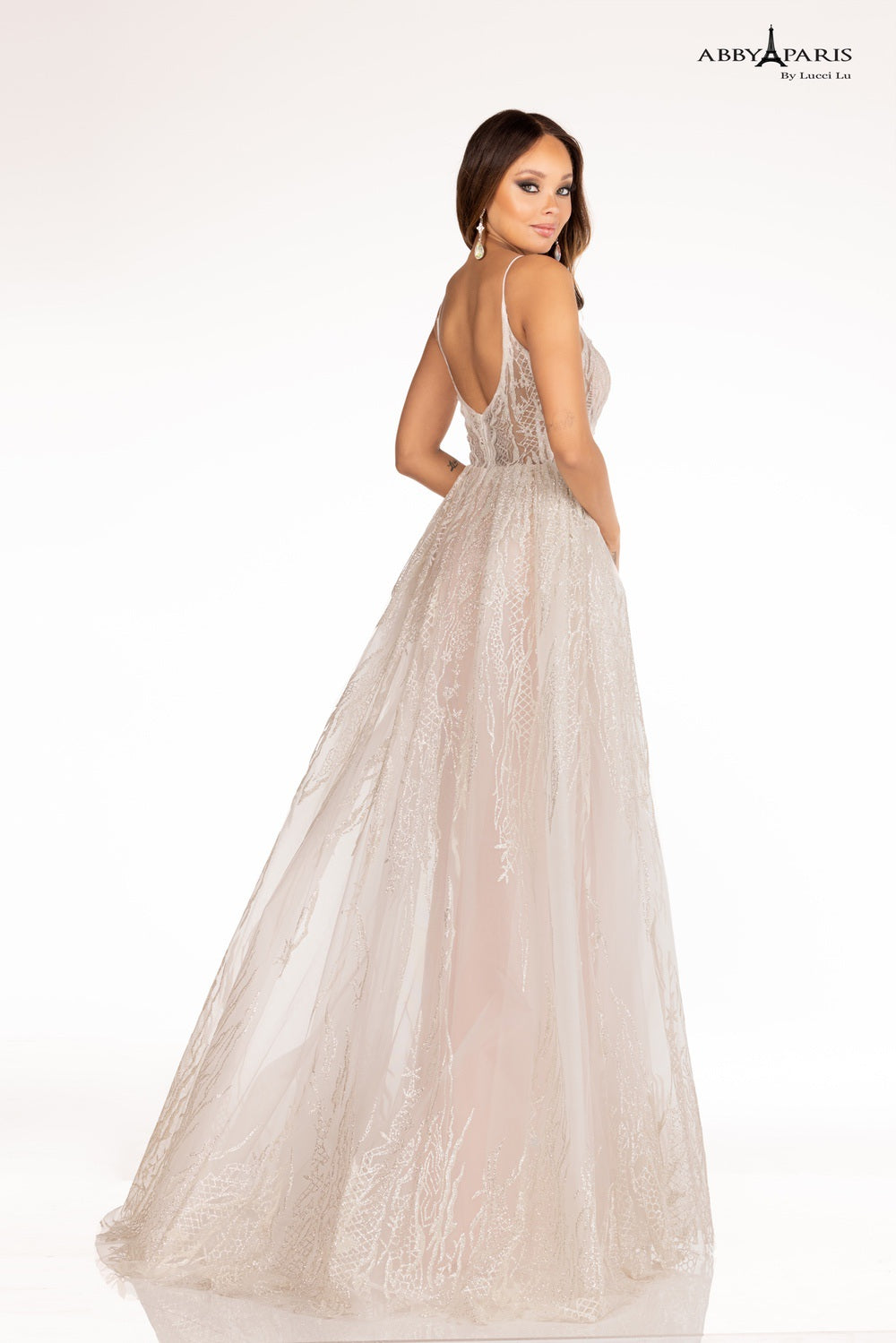 Lucci Lu 90091 Long Glitter Column Prom Dress overskirt sheer bodice Pageant Gown   Available Sizes: 0-12  Available Colors: Ivory/Blush, Ivory/Light Blue, Ivory/Nude