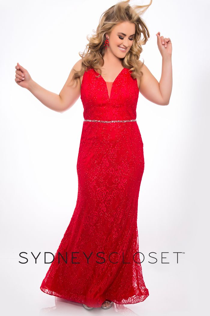 Sydneys Closet SC7279 fitted v neckline and v back with wide straps lace prom dress long evening gown with embellished waistline belt. Shimmering fabric wedding dress. 