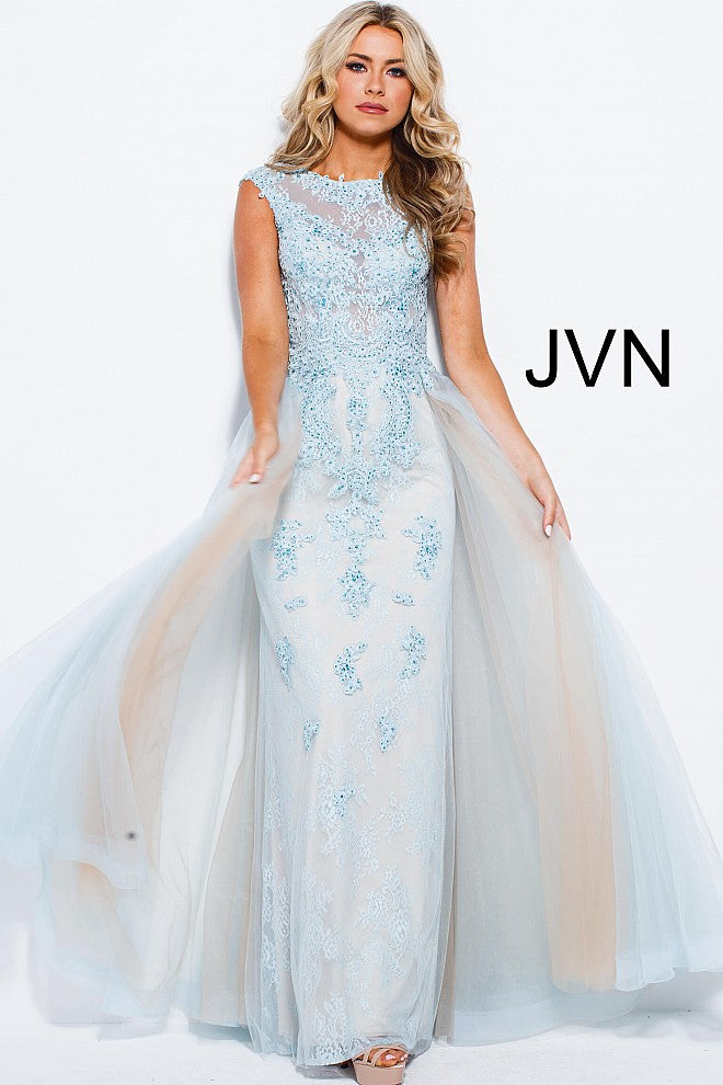 JVN by Jovani 58023 Size 0 Royal high neck prom dress overskirt lace cap sleeve