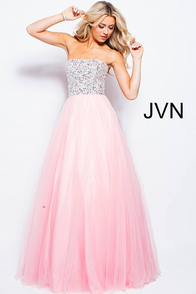 JVN52131 crystal embellished bodice strapless straight neckline long tulle prom dress ball gown 