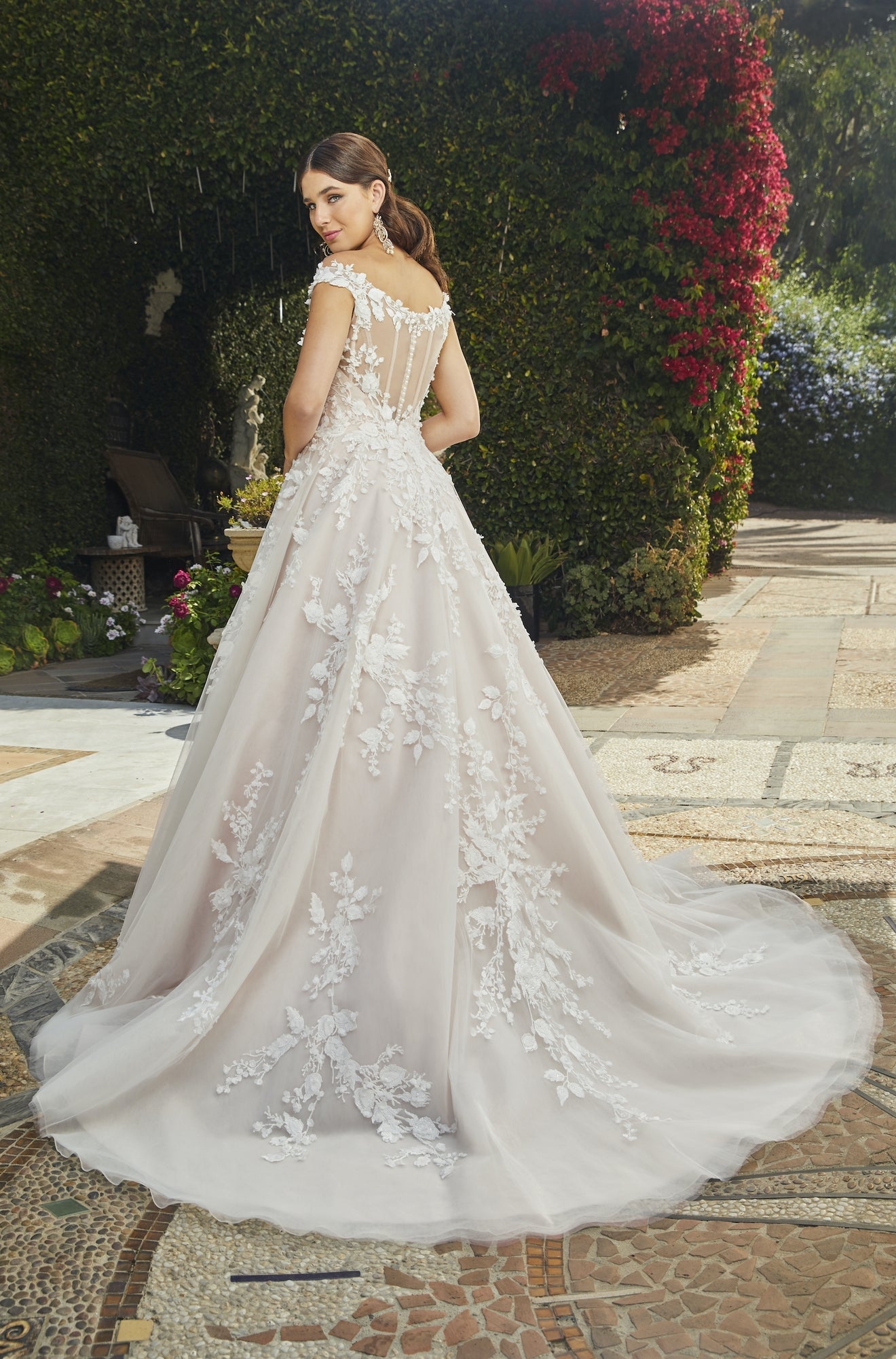 Casablanca Bridal 2406 EVELINA Off the shoulder wedding dress ballgown Bridal Gown. Modern-feminine-chic never looked better than Style 2406 Evelina by Casablanca Bridal. Bold and soft all at once, this classic ballgown wedding dress features a breathtaking sweetheart neckline and off-shoulder sleeves, delicately covered in blooming 3D floral lace. An illusion keyhole back opens up to frame a dreamy row of buttons,